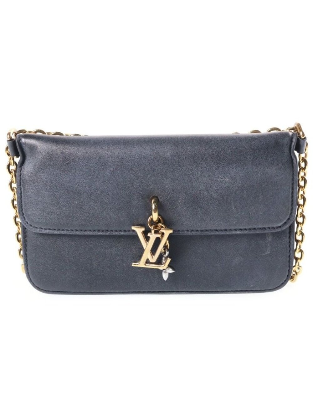 Louis Vuitton LV Blue Chain Wallet Shoulder Bag Black Noir Calfskin Gold